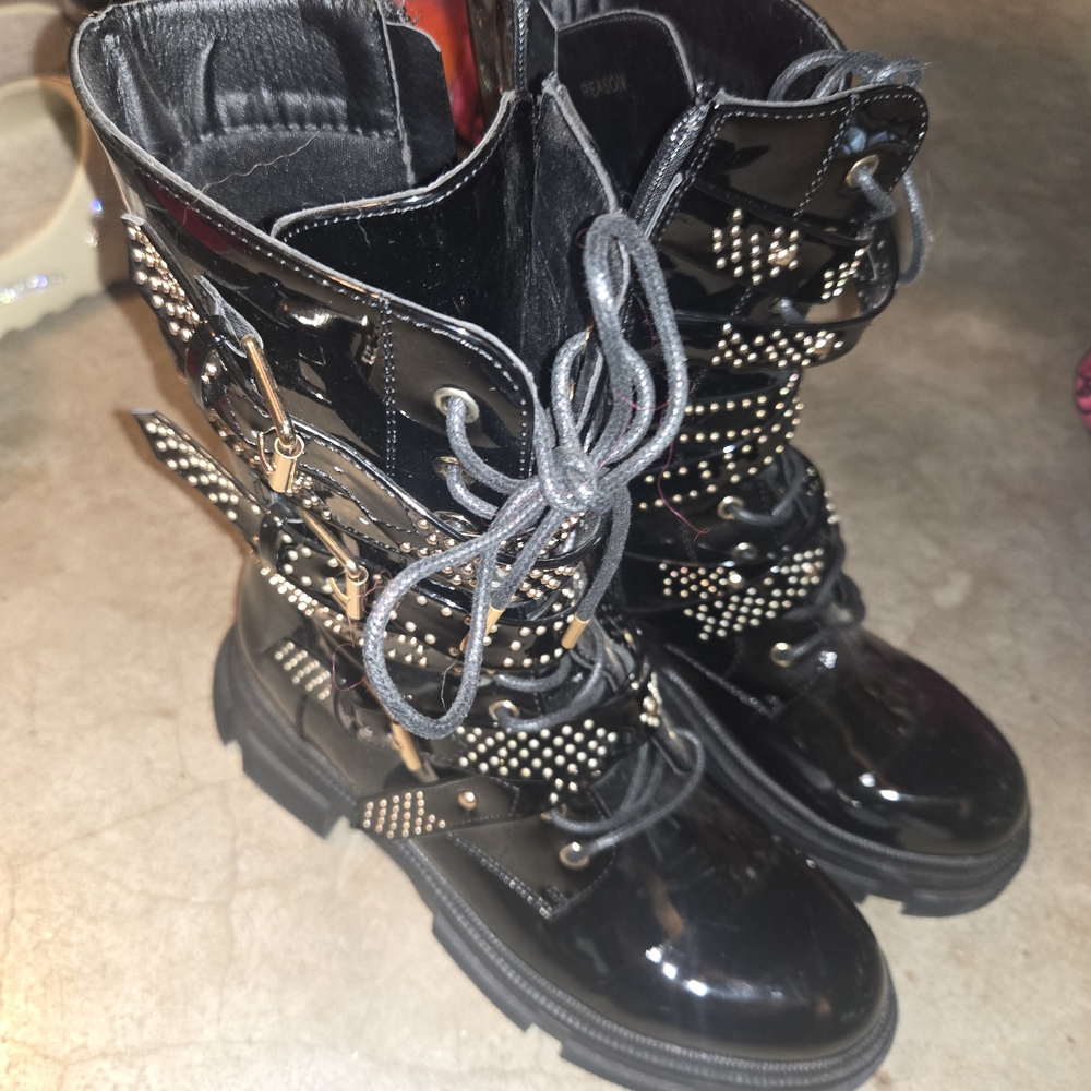AKIRA Black Patent Studded Combat Boots